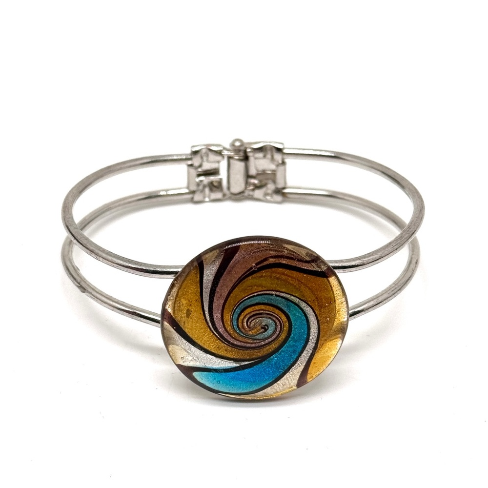 Vintage Dichroic Art Glass Silvertone Hinged Bangle Clamper Bracelet